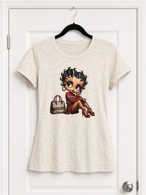 Beige Betty Boop Fitted Graphic Tee with Red Accents